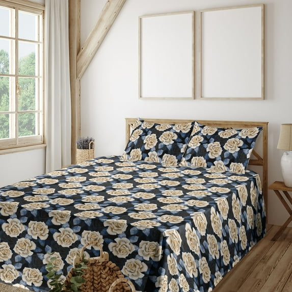Ambesonne Flowers Boho Fitted & Flat Sheet with Sham 3 Pcs Set, Vintage Rose Night Art, Twin, Cream Lavender Blue