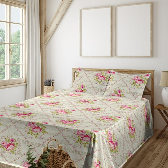Ambesonne Flowers Boho Fitted & Flat Sheet with Sham 3 Pcs Set, Vintage Garden Rose, Twin XL, Hot Pink Apple Green