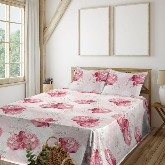 Flowers Boho Sheet Set, Vintage Design Romantic Roses Pattern with Peony Silhouettes Art, Fitted & Flat Sheet with Pillowcase Bedding Accent 4 Pcs Set, King, Pale Pink and Dark Pink, by Ambesonne