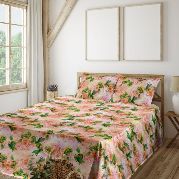 Ambesonne Flowers Boho Fitted & Flat Sheet with Sham 3 Pcs Set, Watercolor Rose Art, Twin, Jade Green Pale Pink