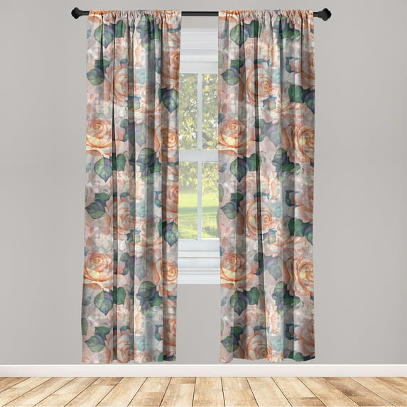 Flowers Boho Window Curtains, Dreamy Vibes Rose Pattern With Neutral Colors Springtime Garden Drawing, Lightweight Decor 2-Panel Set with Rod Pocket, Pair of - 28"x95", Burnt Sienna Rose, by Ambesonne