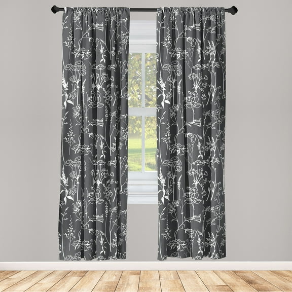 Flowers Boho Window Curtains, Minimal Style Drawn Monochrome Simple Floral Design Cottagecore Print, Lightweight Decor 2-Panel Set with Rod Pocket, Pair of - 28"x63", Charcoal Grey White, by Ambesonne
