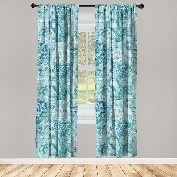 Flowers Boho Window Curtains, Nautical Colors Leaves and Floral Motifs with Paisley Shapes Art, Lightweight Decor 2-Panel Set with Rod Pocket, Pair of - 28"x84", Seafoam Cadet Blue White, by Ambesonne