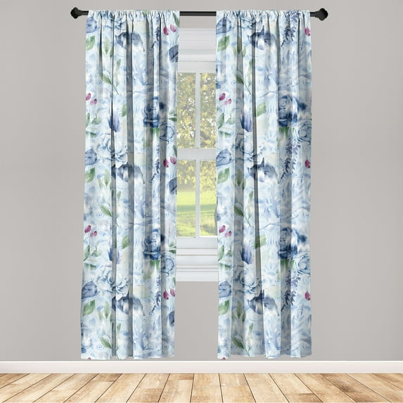 Flowers Boho Window Curtains, Springtime Inspired Watercolor Rose Pattern With Leaves Greenery, Lightweight Decor 2-Panel Set with Rod Pocket, Pair of - 28"x63", Pale Blue Peacock Green, by Ambesonne