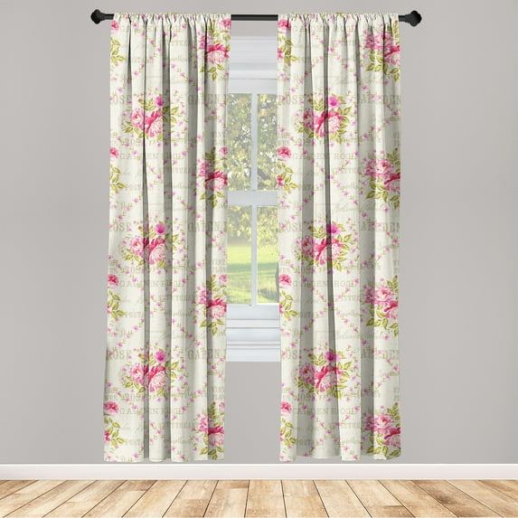Flowers Boho Window Curtains, Vintage Design Garden Rose Writings with Floral Pattern with Leaves, Lightweight Decor 2-Panel Set with Rod Pocket, Pair of - 28"x84", Hot Pink Apple Green, by Ambesonne