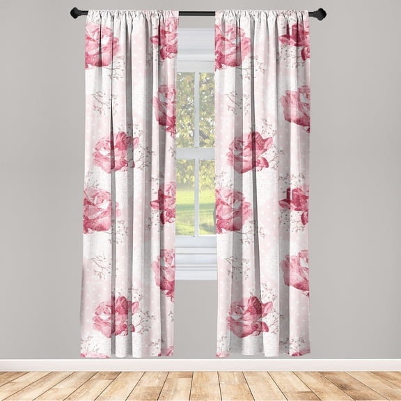 Flowers Boho Window Curtains, Vintage Design Romantic Roses Pattern with Peony Silhouettes Art, Lightweight Decor 2-Panel Set with Rod Pocket, Pair of - 28"x84", Pale Pink and Dark Pink, by Ambesonne