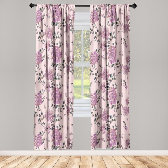 Flowers Boho Window Curtains, Watercolor Print of British Garden Roses Romantic Pattern Art, Lightweight Decor 2-Panel Set with Rod Pocket, Pair of - 28"x84", Pastel Pink and Pale Purple, by Ambesonne