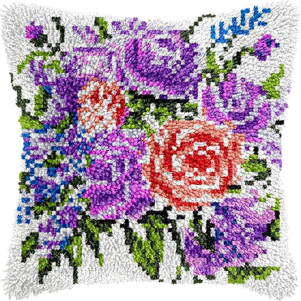 Flowers Bonquet Latch Hook Pillow Kits for DIY Throw Pillow Cushion Embroidery Latch Hooking Pillowcase Kits with Preprinted Canvas Crochet Yarn Kits for Home Decor 17''X 17''(d70)