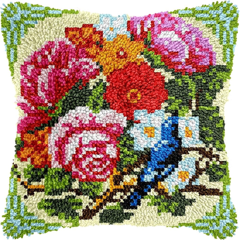 Flowers Bonquet Latch Hook Pillow Kits for DIY Throw Pillow Cushion Embroidery Latch Hooking Pillowcase Kits with Preprinted Canvas Crochet Yarn Kits for Home Decor 17''X 17''(d140)