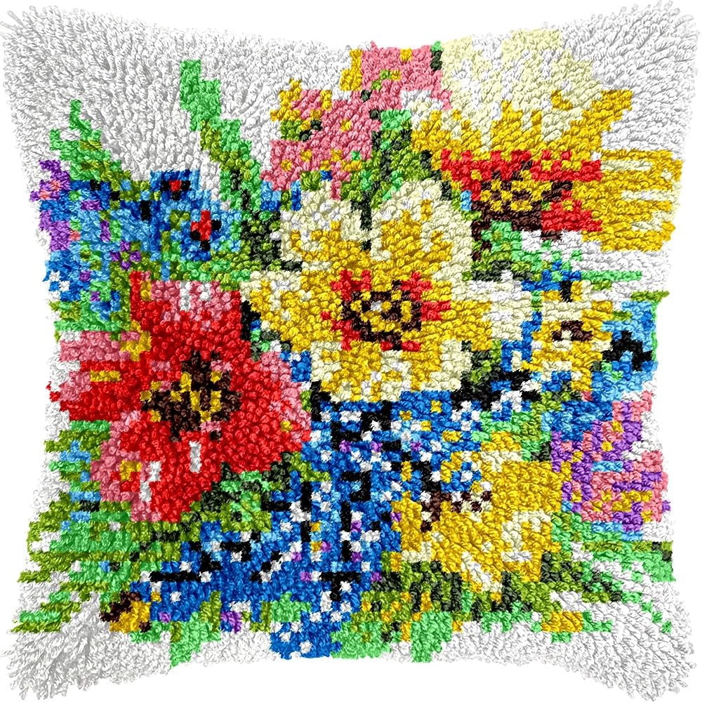 Flowers Bonquet Latch Hook Pillow Kits Pillow Cover Latch Hook Crafts Crochet Knitted Hooking Pillowcase Cushion Crafts Embroidery Latch Hooking Kits Material Set 17x17 inch(139)