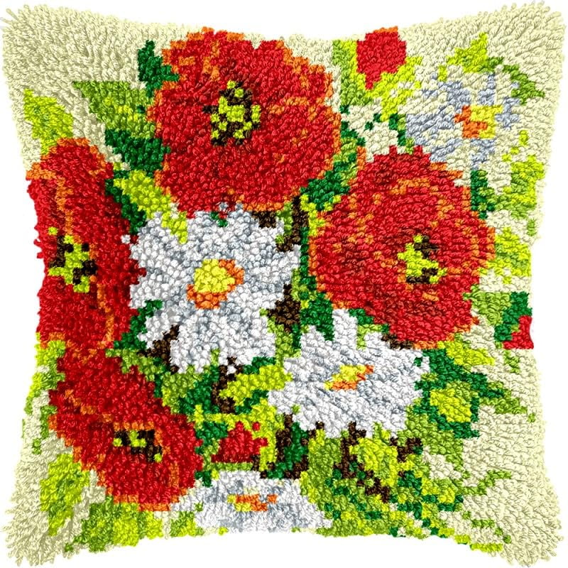 Flowers Bonquet Latch Hook Pillow Kits Pillow Cover with Pattern Printed Canvas Crochet Cross Hooking Pillowcase Cushion Crafts Embroidery Latch Hooking Crochet Kits 17x17 inch(63)