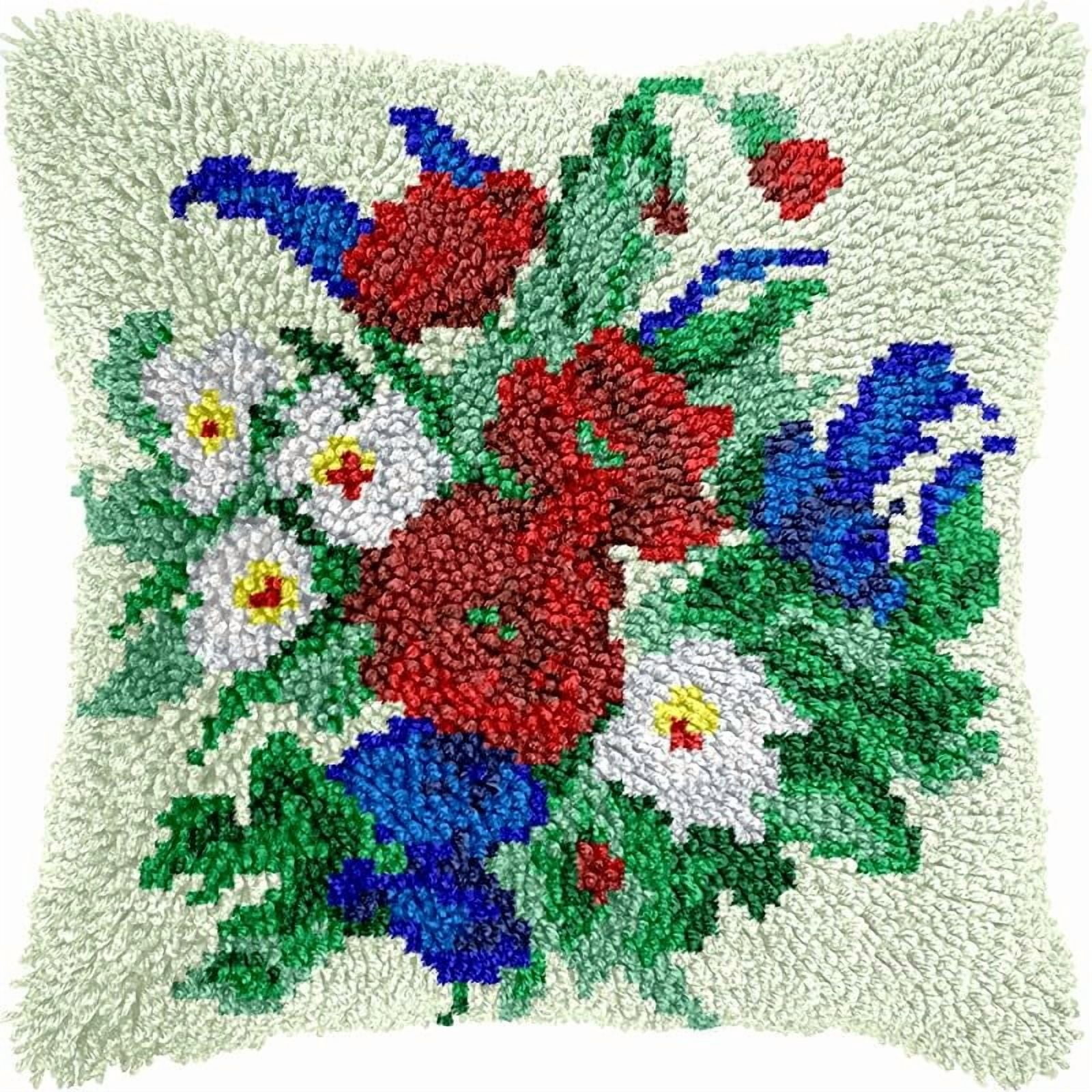 Flowers Bonquet Latch Hook Pillow Kits Pillow Cover with Pattern Printed Canvas Crochet Cross Hooking Pillowcase Cushion Crafts Embroidery Latch Hooking Crochet Kits 17x17 inch(14)