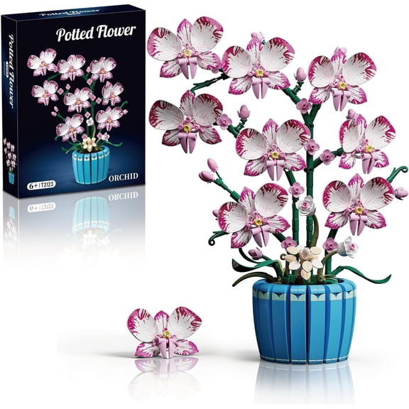 Flowers Botanicals Pink Orchid Building Set - Artificial Flower Building Blocks for Adult Women, Indoor Plant Home Decor Bonsai