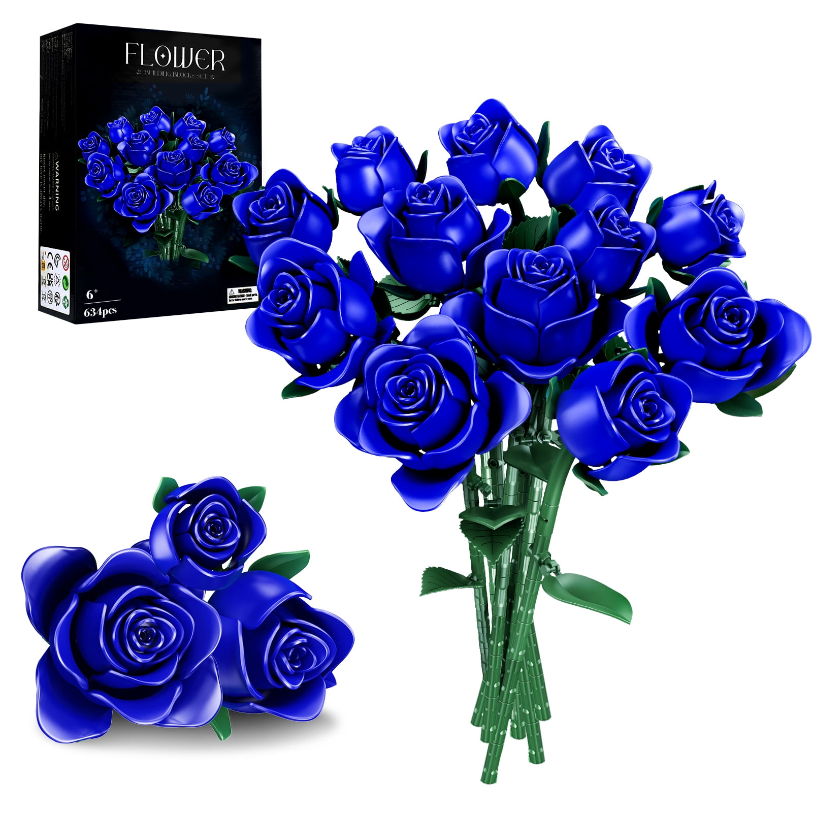 Flowers Bouquet Building Set, 12 Artificial Blue Roses Botanical Collection Building Block Educational Toys Gift for Girls Kids Women Valentines Mothers Day Christmas Birthday gift, 624 PCS