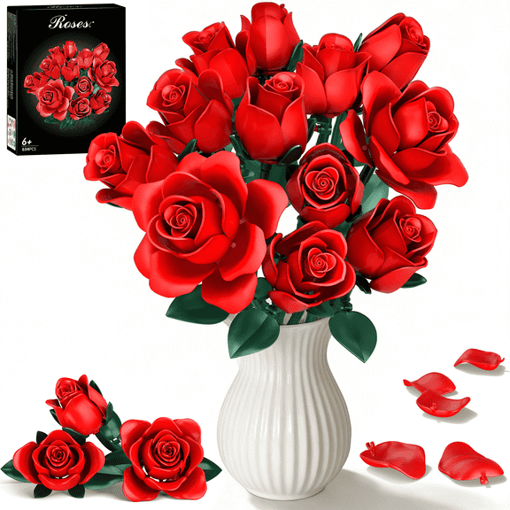12 Red Roses Bouquet Building Set, 624PCS Artificial Flower Blocks Compatible with Lego, Gift for Mom Women Girls