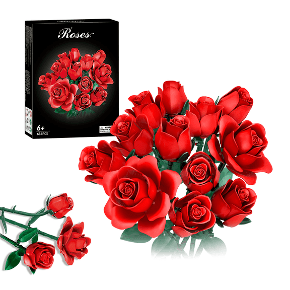 Flowers Bouquet Building Set, 12 Artificial Red Roses Botanical Collection Building Block Educational Toys Gift for Girls Kids Women Valentines Mothers Day Christmas Birthday Gift, 624 PCS
