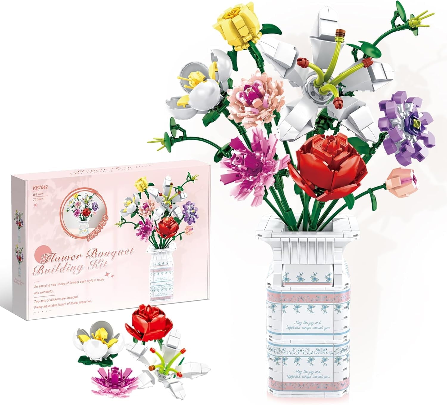Flowers Bouquet Building Set for Women, 10 Artificial Flowers, with Blocks Vase (730 Pcs) Adjustable Flowers &