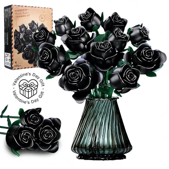Flowers Bouquet Building Block Set, 12  Black Roses Botanical Collection  Compatible with Lego Gift for Girls Kids Women Valentine's Day Mothers Day Christmas Birthday gift, 624 PCS
