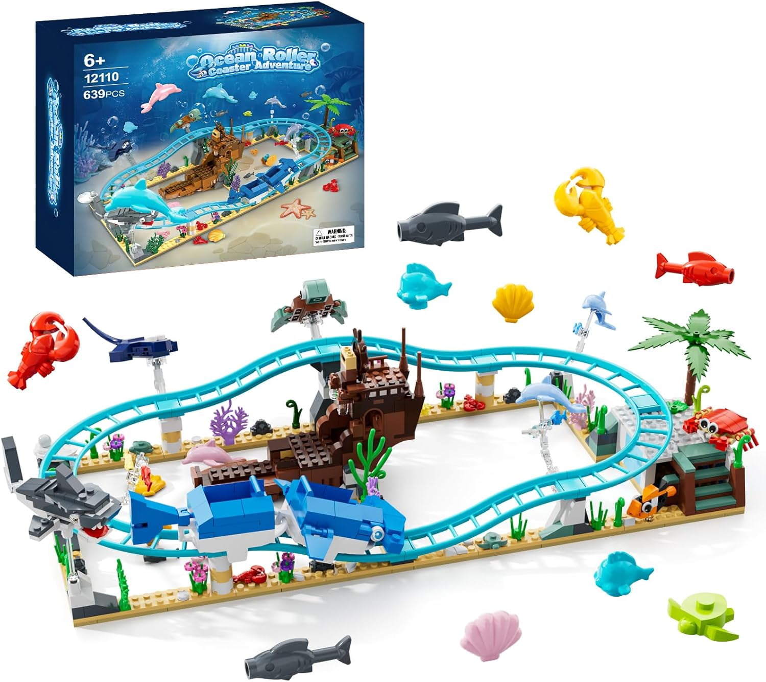 Ocean Roller Coaster, Explorer Ship Building Toy Set Compatible with Lego, Sea Animal Toys Gifts for Girls Boys with Transformations from Shark, Dolphin, Turtle, Fish building set