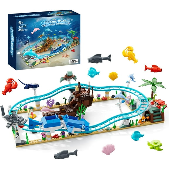 Ocean Roller Coaster, Explorer Ship Building Toy Set Compatible with Lego, Sea Animal Toys Gifts for Girls Boys with Transformations from Shark, Dolphin, Turtle, Fish building set