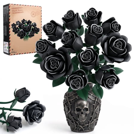 Flowers Bouquet Building Block Set Compatible with Lego, 12 Black Roses Botanical Collection Gift for Girls Kids Women Valentine's Day Mothers Day Christmas Birthday gift, 624 PCS