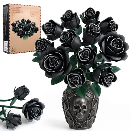 Flowers Bouquet Building Block Set Compatible with Lego, 12 Black Roses Botanical Collection Gift for Girls Kids Women Valentine's Day Mothers Day Christmas Birthday gift, 624 PCS