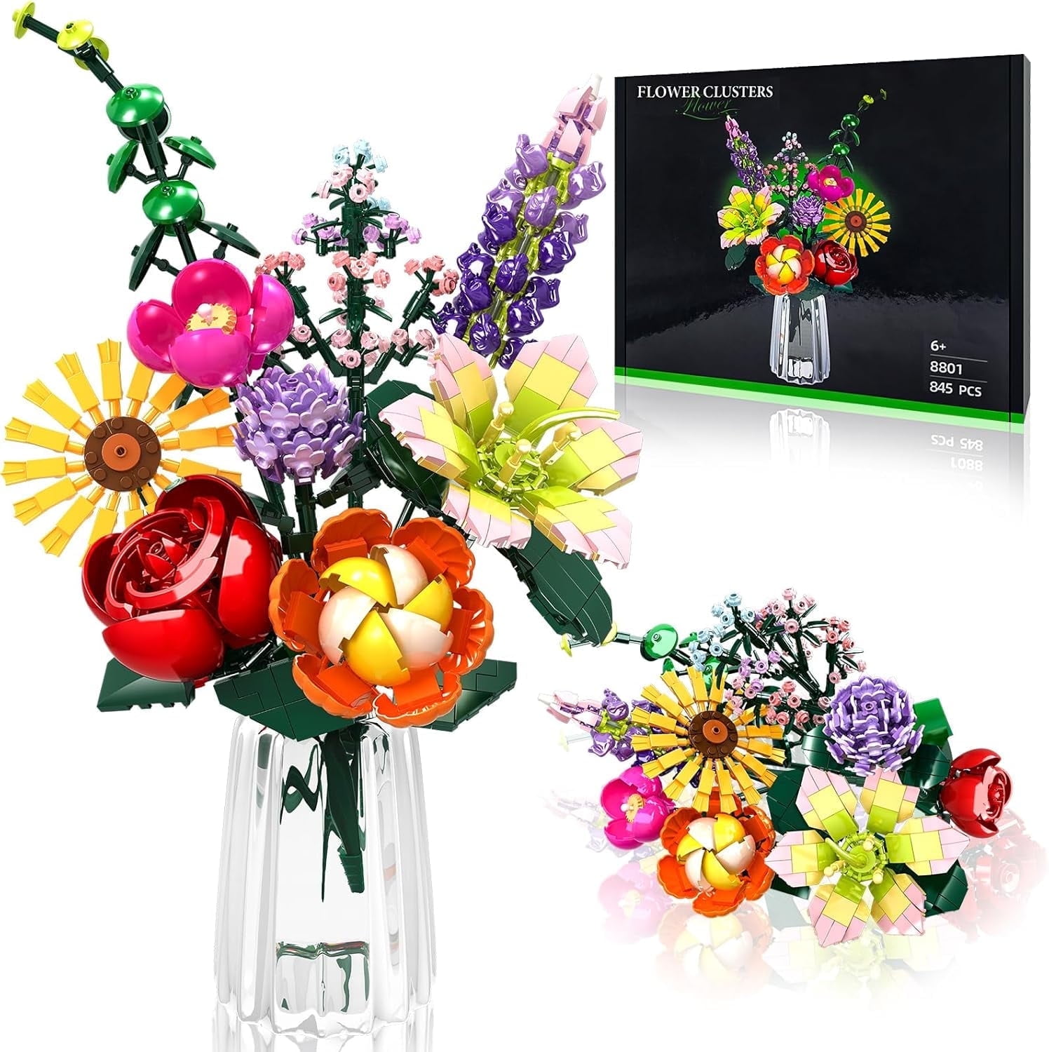 Flowers Bouquet Building Toy Set, 9 Kinds of Flowers Botanical Collection Compatible with Lego, Mother's Day, Birthdays, Gifts, Ideal for 6+ Women Girls Adults, No Vase