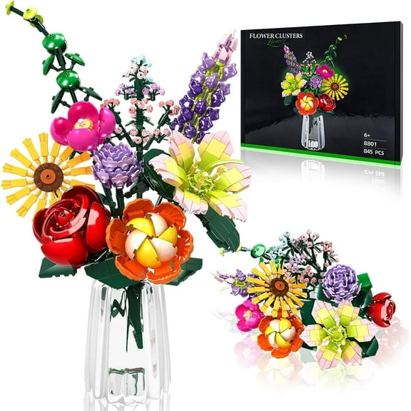Flowers Bouquet Building Toy Set, 9 Kinds of Flowers Botanical Collection Compatible with Lego, Mother's Day, Birthdays, Gifts, Ideal for 6+ Women Girls Adults, No Vase