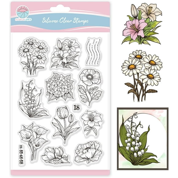 Flowers Bouquet Stamps Clear Stamps for Card Making Flowers Tulips Daisies Lilies Poppies Hydrangeas Silicone Clear Stamps Wildflowers Transparent Stamps Seal for DIY Scrapbooking