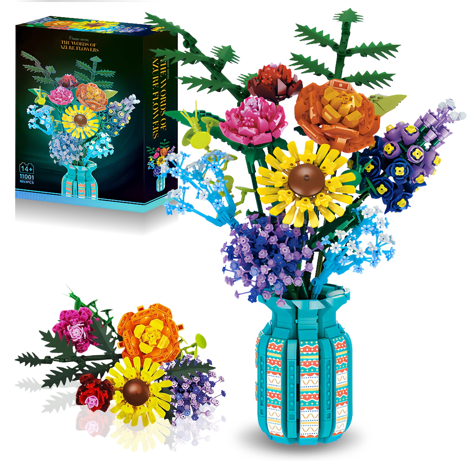 Flowers Bouquet Toys Building Blocks Set with Vase, Roses, Sunflower, Hyacinth, Hydrangea, Artificial Plants for Adults, Teen Girls, Home, Office Decor- 1853pcs