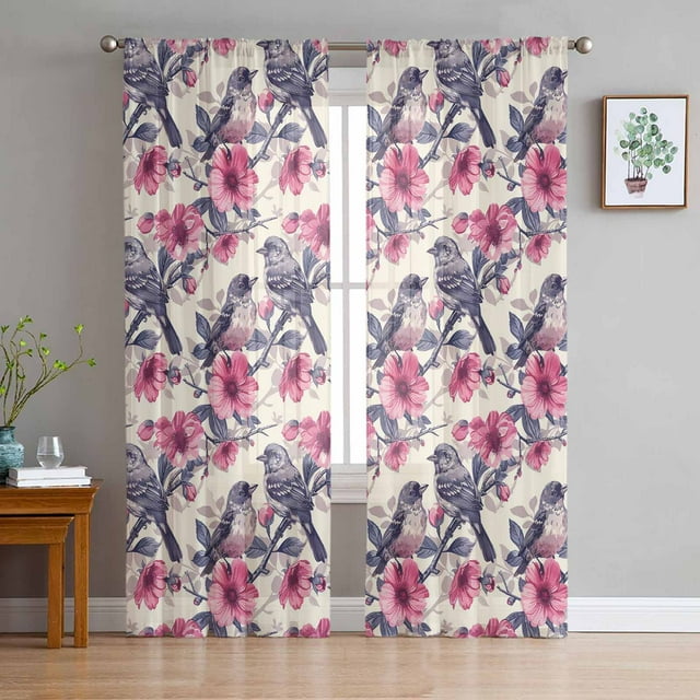 Flowers Bouquet Watercolor Painting Tulle Sheer Window Curtains for