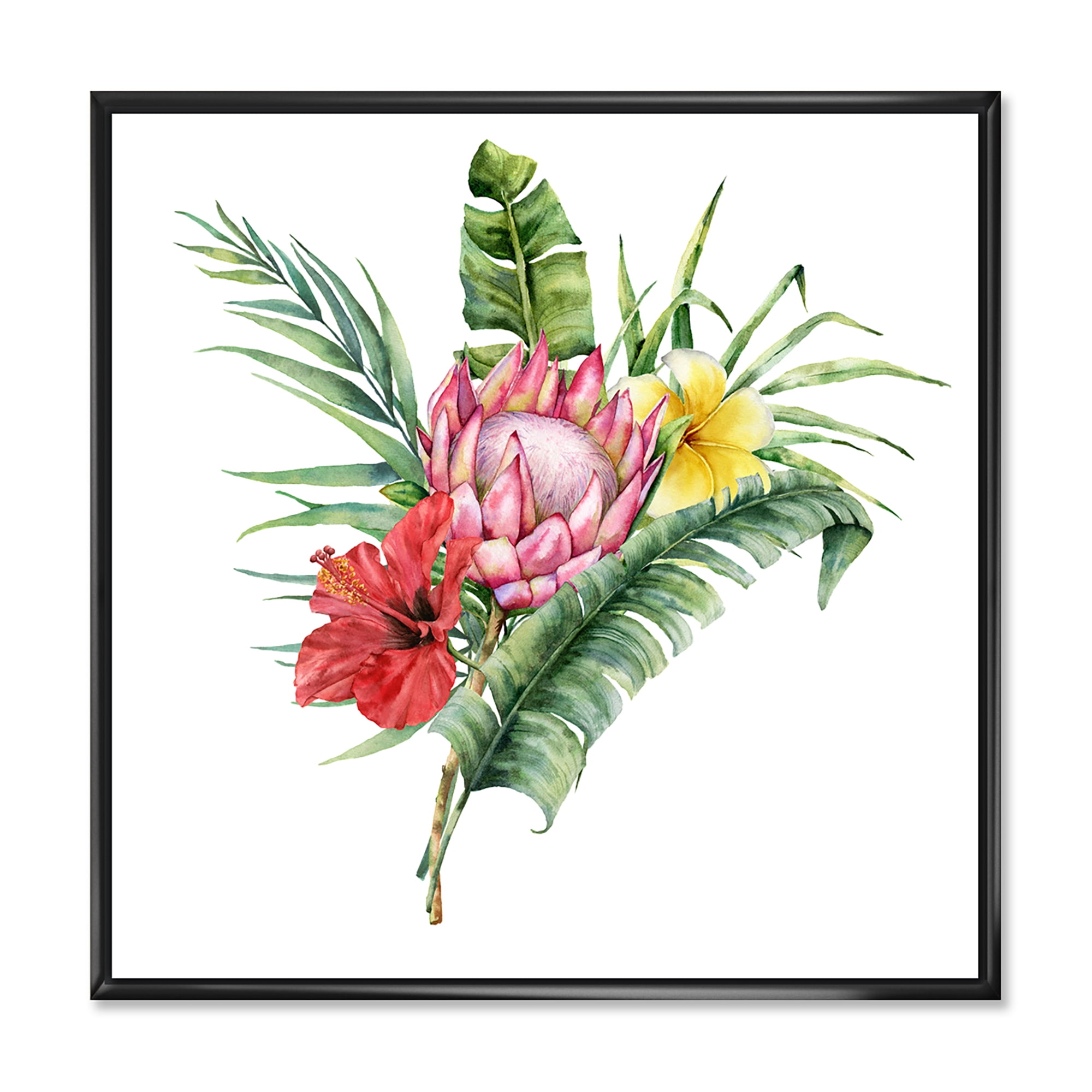 Flowers Bouquet With Protea Plumeria Hibiscus 16 in x 16 in Framed Painting Canvas Art Print, by Designart