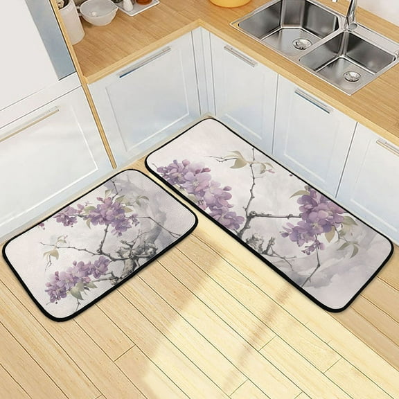 Flowers Branch Floral Kitchen Mats Set 2 Piece Non Slip Floor Foam Rugs Cushioned Soft Waterproof Carpet Runner for Dining Room Bathroom Laundry
