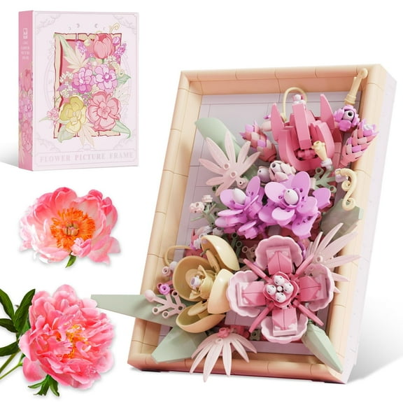 Flowers Building Set for Adults, Compatible with Lego Flowers Roses Plants Picture Frame, Botanical Collection Wall Art Home Office Decor, Ideas Gift Building Toy for Boys Girls (728 PCS) (Pink)