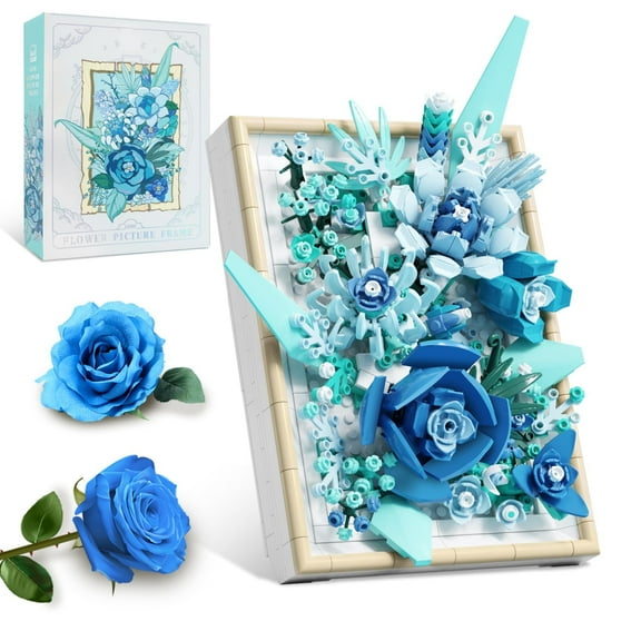 Flowers Building Set for Adults, Compatible with Lego Flowers Roses Plants Picture Frame, Botanical Collection Wall Art Home Office Decor, Ideas Gift Building Toy for Boys Girls (728 PCS) (Blue)