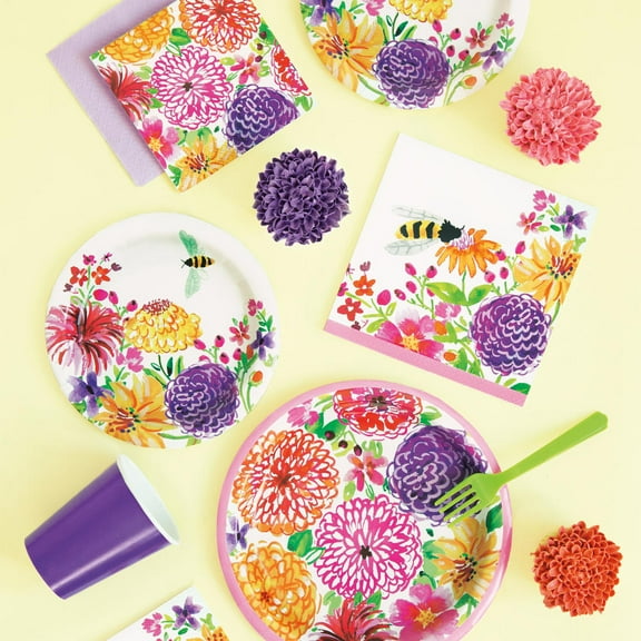 Flowers Bumblebees Party Supplies Napkins Plates Painted Spring Floral 64 pcs