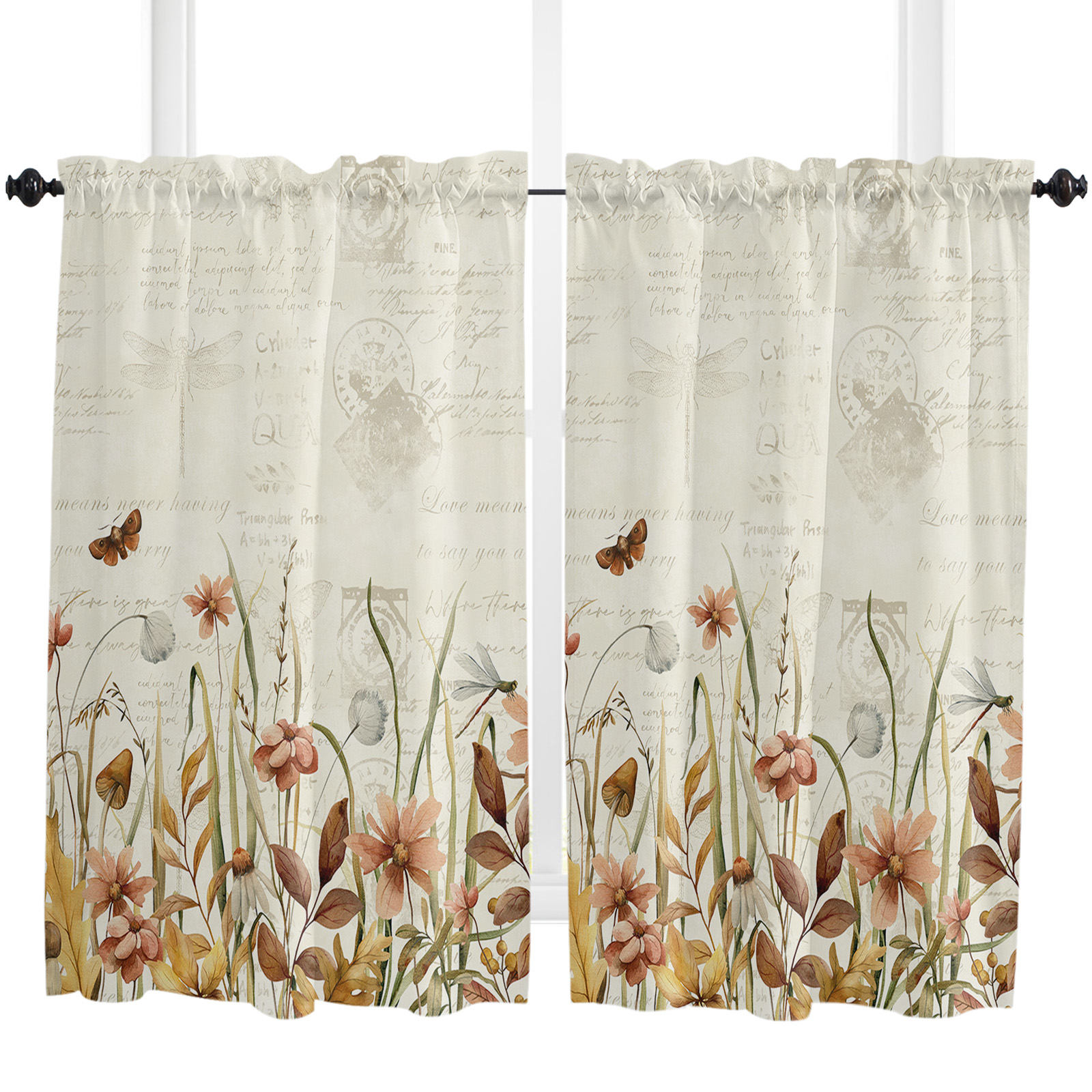 Flowers Butterflies Dragonflies Leaves Rod Pocket Short Curtain HalfCurtain For Home Kitchen