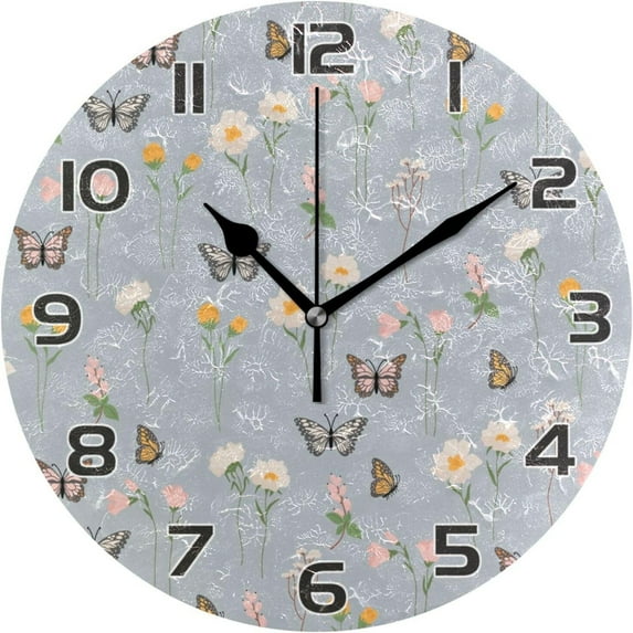 Flowers Butterflies Wall Clock Round Vintage Silent Non Ticking Battery Operated Accurate Arabic Numerals Design for Home Kitchen Living Room Bedroom, 10 Inch