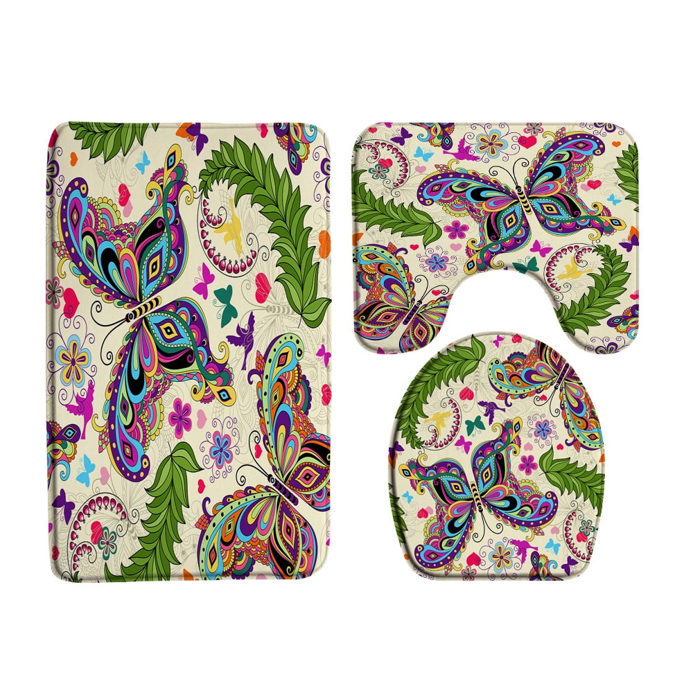Flowers Butterfly Bath Mat Set White Daisy Blooming Floral Tulip Rose