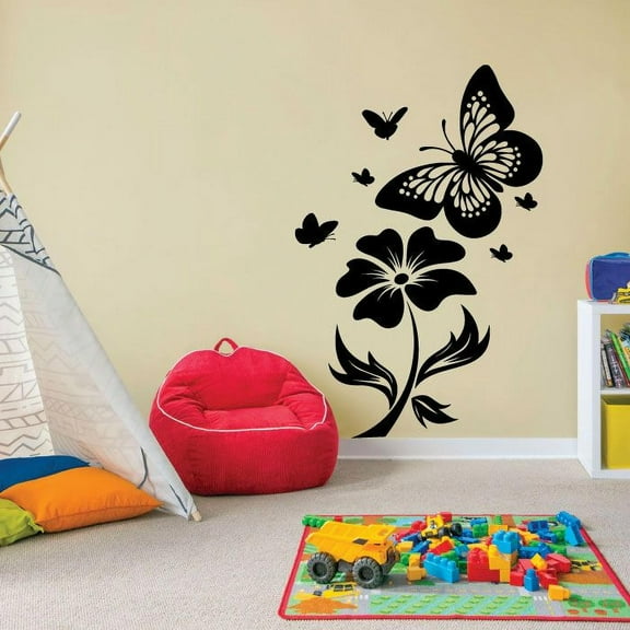 Flowers Butterfly Butterflies Flower Silhouette Wall Sticker Art Decal for Girls Boys Kids Room Bedroom Nursery Kindergarten House Fun Home Decor Stickers Wall Art Vinyl Decoration Size (20x12 inch)
