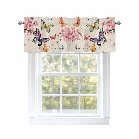 Flowers Butterfly Curtain Valances for Windows, Vintage Farmhouse Spring Floral Kitchen Valance Window Treatment, Light Filtering Block Curtains for Bathroom/Bedroom/Living Room 42'' x 12''