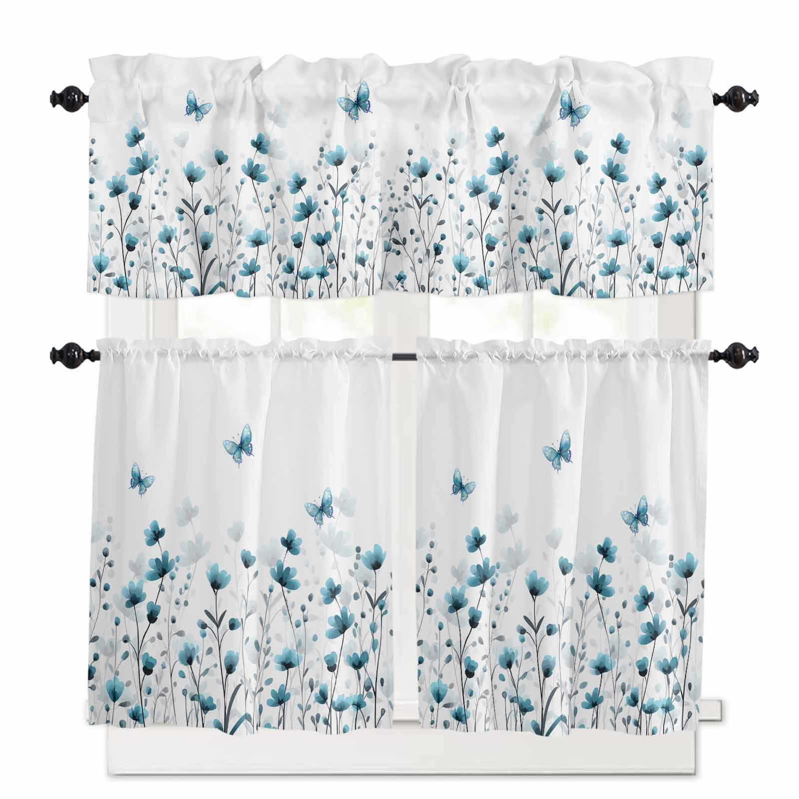 Flowers Butterfly Kitchen Curtains Set for Windows 3 Pieces,24 Inch ...