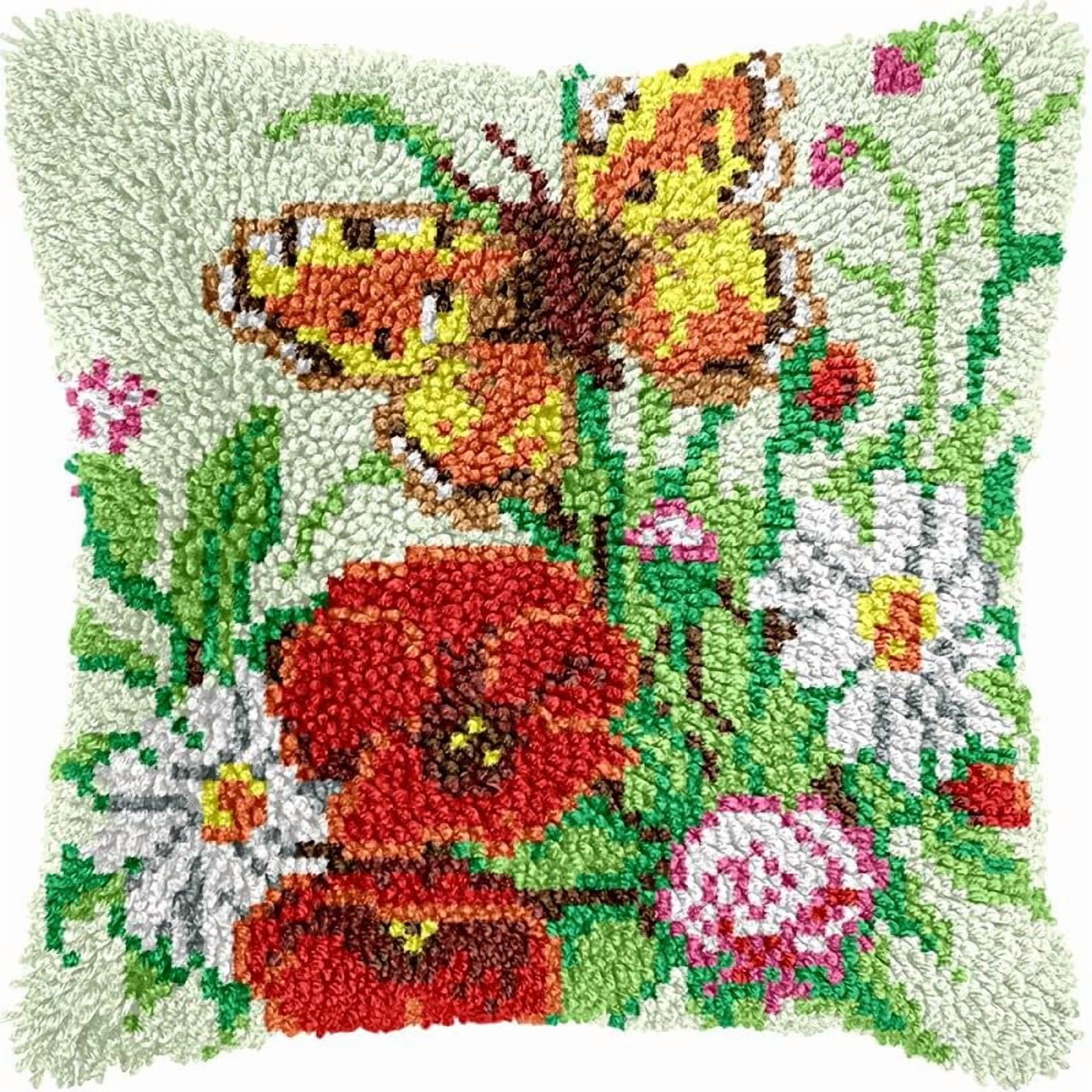 Flowers & Butterfly Latch Hook Pillow Kits Pillow Cover with Pattern Printed Canvas Crochet Cross Hooking Pillowcase Cushion Crafts Embroidery Latch Hooking Crochet Kits 17x17 inch(16)
