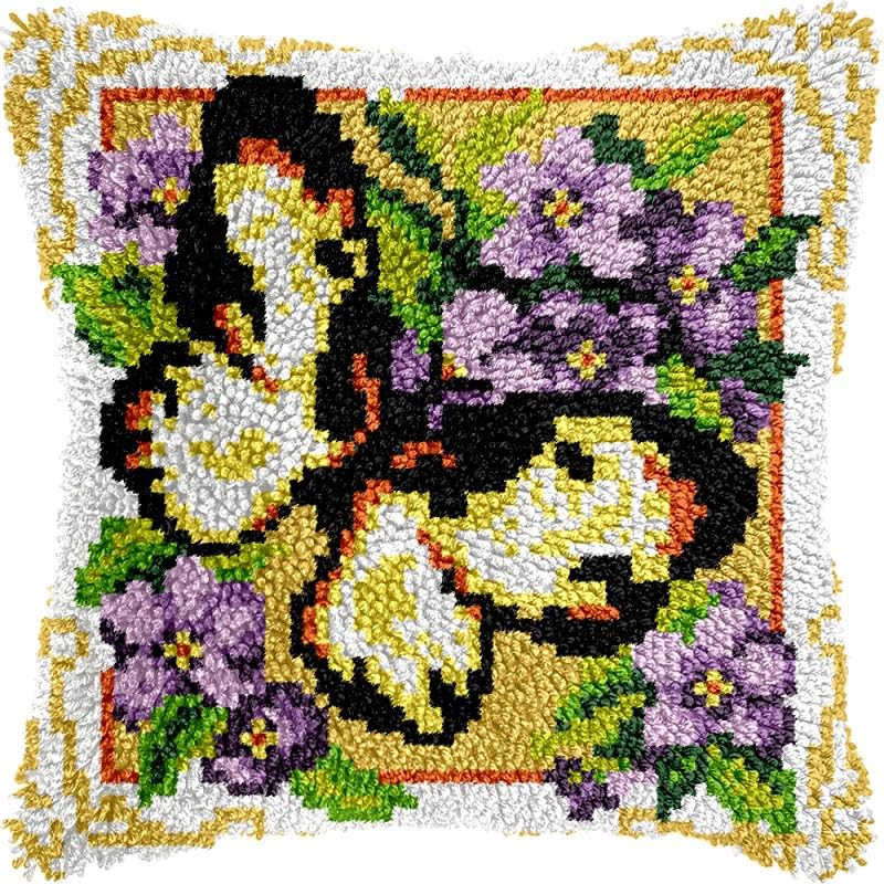 Flowers Butterfly Latch Hook Pillow Kits Pillow Cover with Pattern Printed Canvas Crochet Cross Hooking Pillowcase Cushion Crafts Embroidery Latch Hooking Crochet Kits 17x17 inch(76)