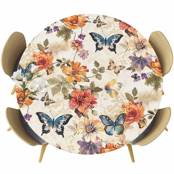 Flowers Butterfly Round Fitted Table Cover Leaf Floral Retro Waterproof Table Cloth with Elastic Edge Wipeable Tablecloth for Picnic Camping Party Fits 36"-44" Diameter