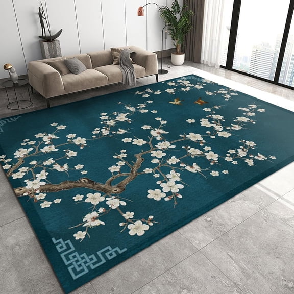 Flowers Butterfly Rug, Dark Green Minimalist Plum Blossom Tree Area Rugs, Indoor Non Slip Machine Washable Carpet for Office Kitchen Dining Room Living Room Door Mats 2'x3'