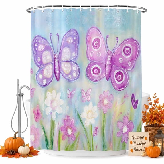 Flowers Butterfly Shower Curtain, Waterproof Shower Curtains for Bathroom, Spring Purple Botanical Floral Plants Washable Fabric Bathtub Curtain Set Bath Decor with 12 Hooks Extra Long 72"x96"