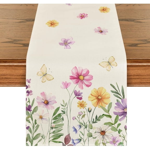Flowers Butterfly Spring Table Runner, Seasonal Summer Kitchen Dining Table Decoration for Home Party Decor 13x48 Inch