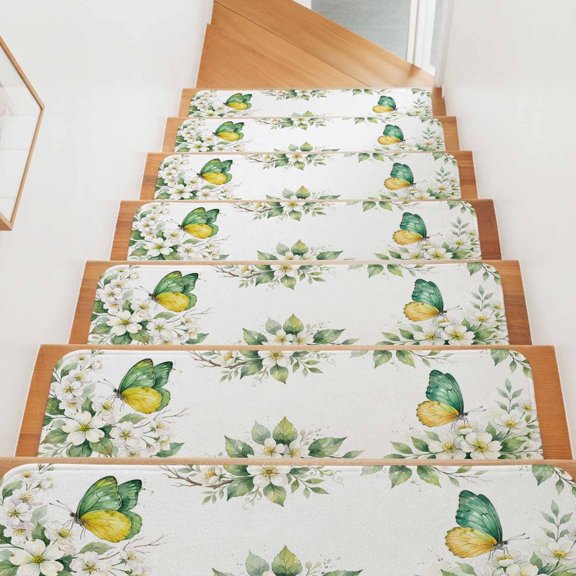 Flowers Butterfly Stair Treads Non Slip for Steps Watercolor Farmhouse Summer 15 Pcs Reusable Adhesive Stair Runner Mats for Dogs Elders Carpet Treads Rugs for Staircase 8x30 In