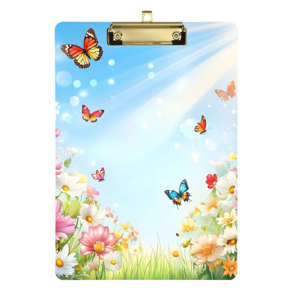 Flowers Butterfly Sunshine Spring Acrylic Clipboard Drawing Board with Hook Writing Pad File Storage A4 Size Gold 12.5" x 9"